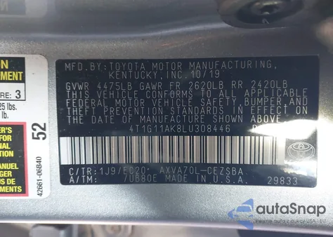 2020 Toyota Camry Se Nightshade Edition from USA, damaged, VIN 4T1G11AK8LU308446